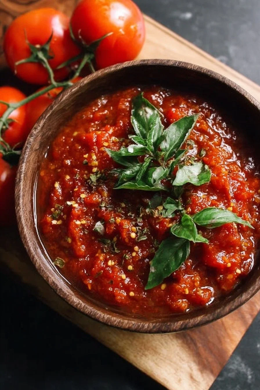 Bowl of homemade fresh tomato marinara sauce with herbs and spices