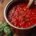Homemade marinara sauce simmering in a pot, rich with tomatoes and spices.