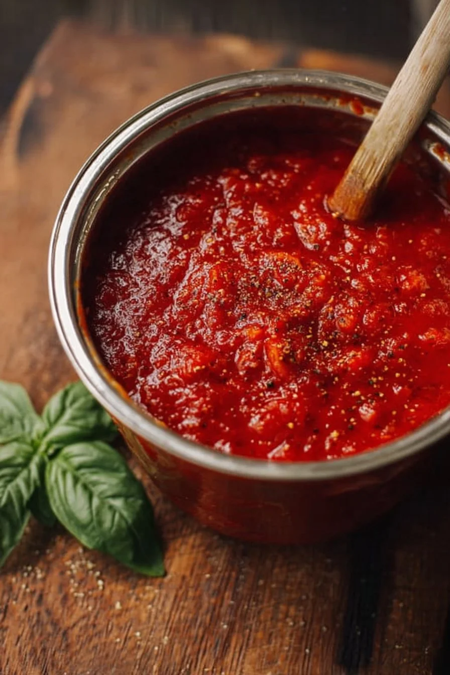 Homemade marinara sauce simmering in a pot, rich with tomatoes and spices.