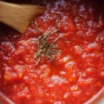 Bowl of homemade marinara sauce with fresh tomatoes and herbs