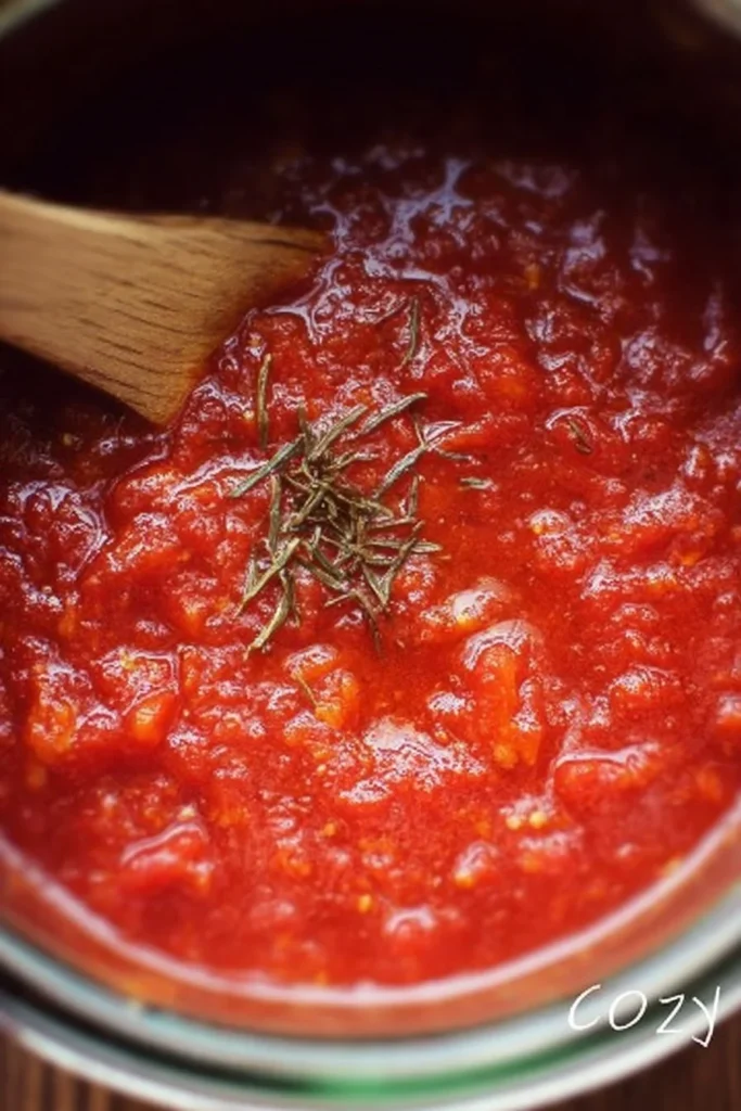 Bowl of homemade marinara sauce with fresh tomatoes and herbs