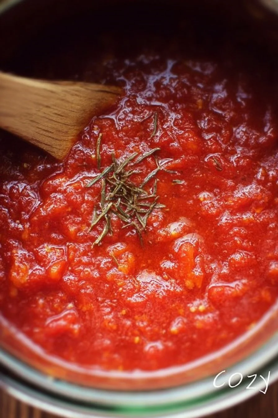 Bowl of homemade marinara sauce with fresh tomatoes and herbs