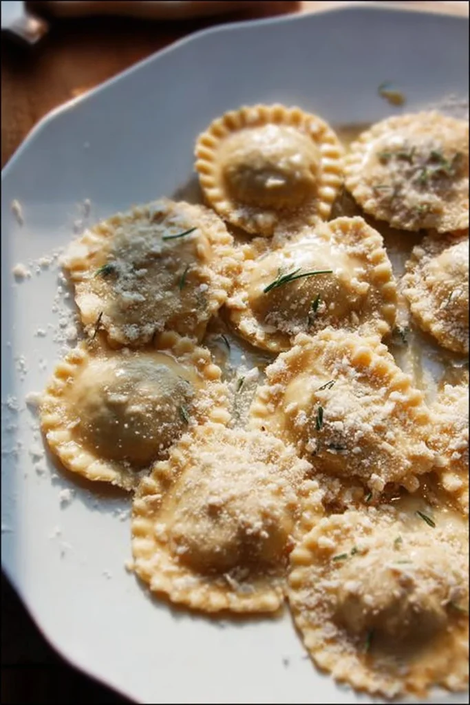 Homemade ravioli filled with cheese and herbs, served with tomato sauce.