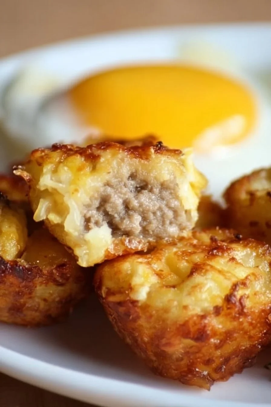 Homemade sausage and egg breakfast tots served on a plate.