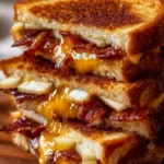 Hot honey apple cheddar beef bacon grilled cheese sandwich on a plate