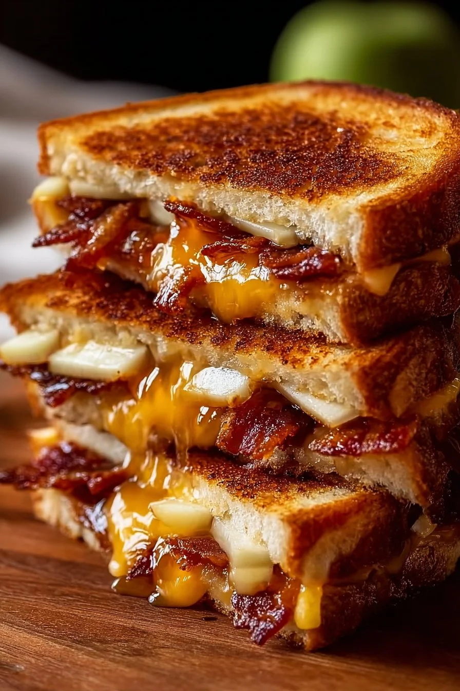 Hot honey apple cheddar beef bacon grilled cheese sandwich on a plate