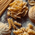 Homemade pasta shapes displayed on a wooden board