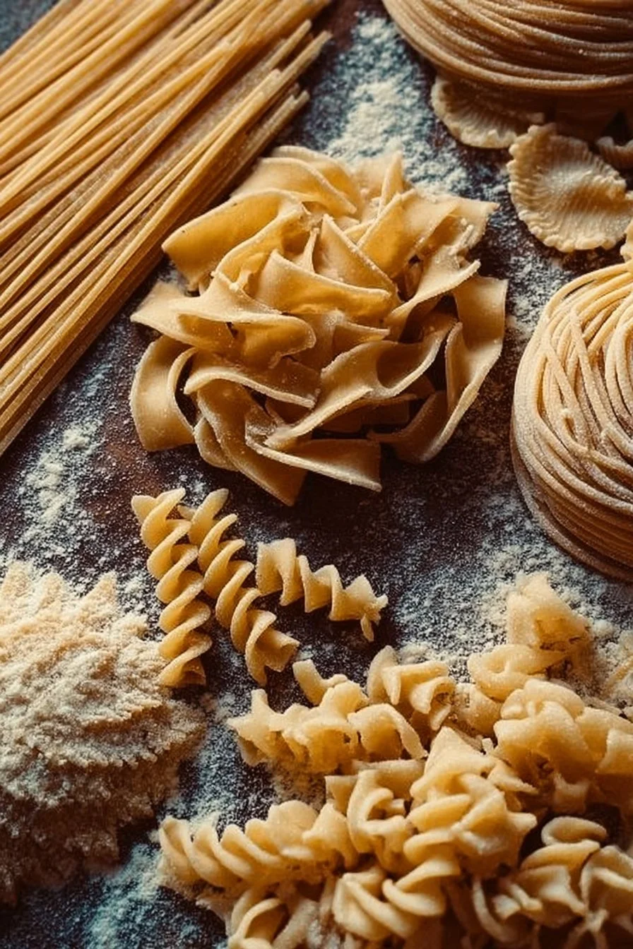 Homemade pasta shapes displayed on a wooden board