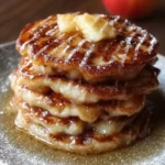 Delicious apple fritter pancakes stacked on a plate with syrup and apple slices