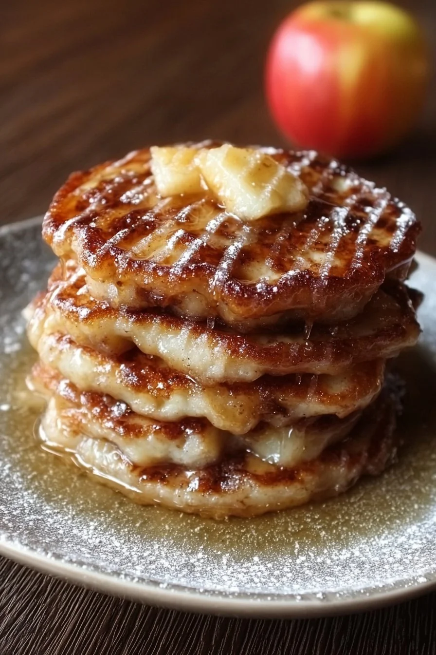 Delicious apple fritter pancakes stacked on a plate with syrup and apple slices