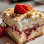 Irresistible strawberry vanilla crunch cake topped with golden Oreo crumbles