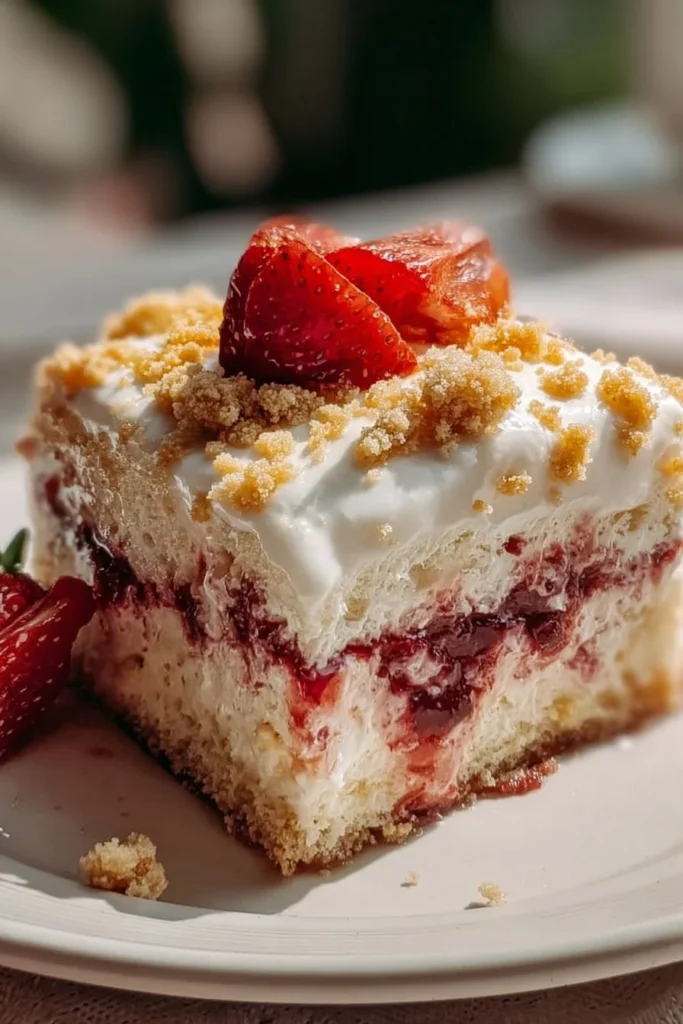 Irresistible strawberry vanilla crunch cake topped with golden Oreo crumbles