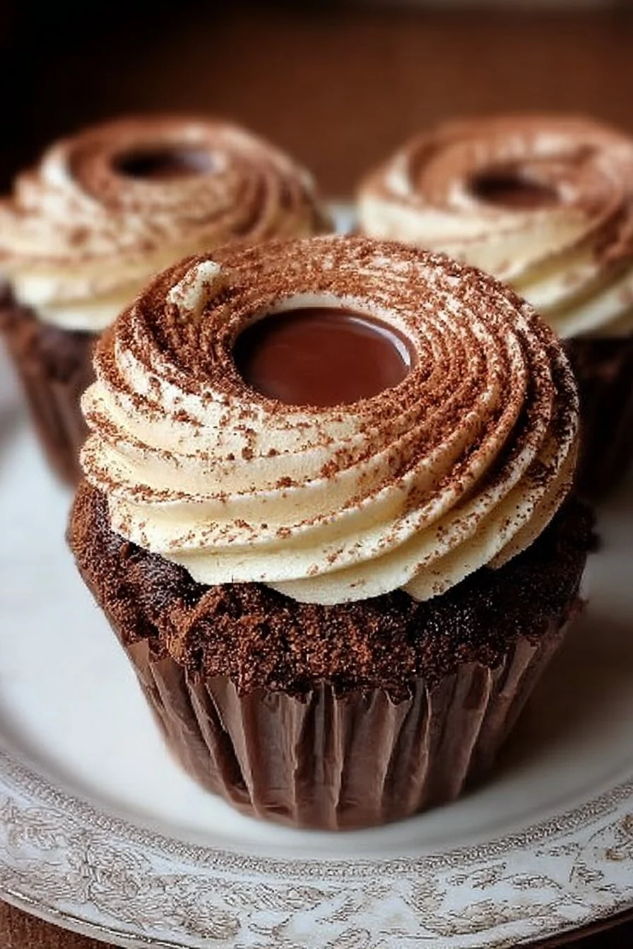 Irresistibly decadent chocolate tiramisu cupcakes topped with cocoa powder.