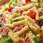 Delicious Italian Grinder Pasta Salad featuring fresh vegetables and pasta.