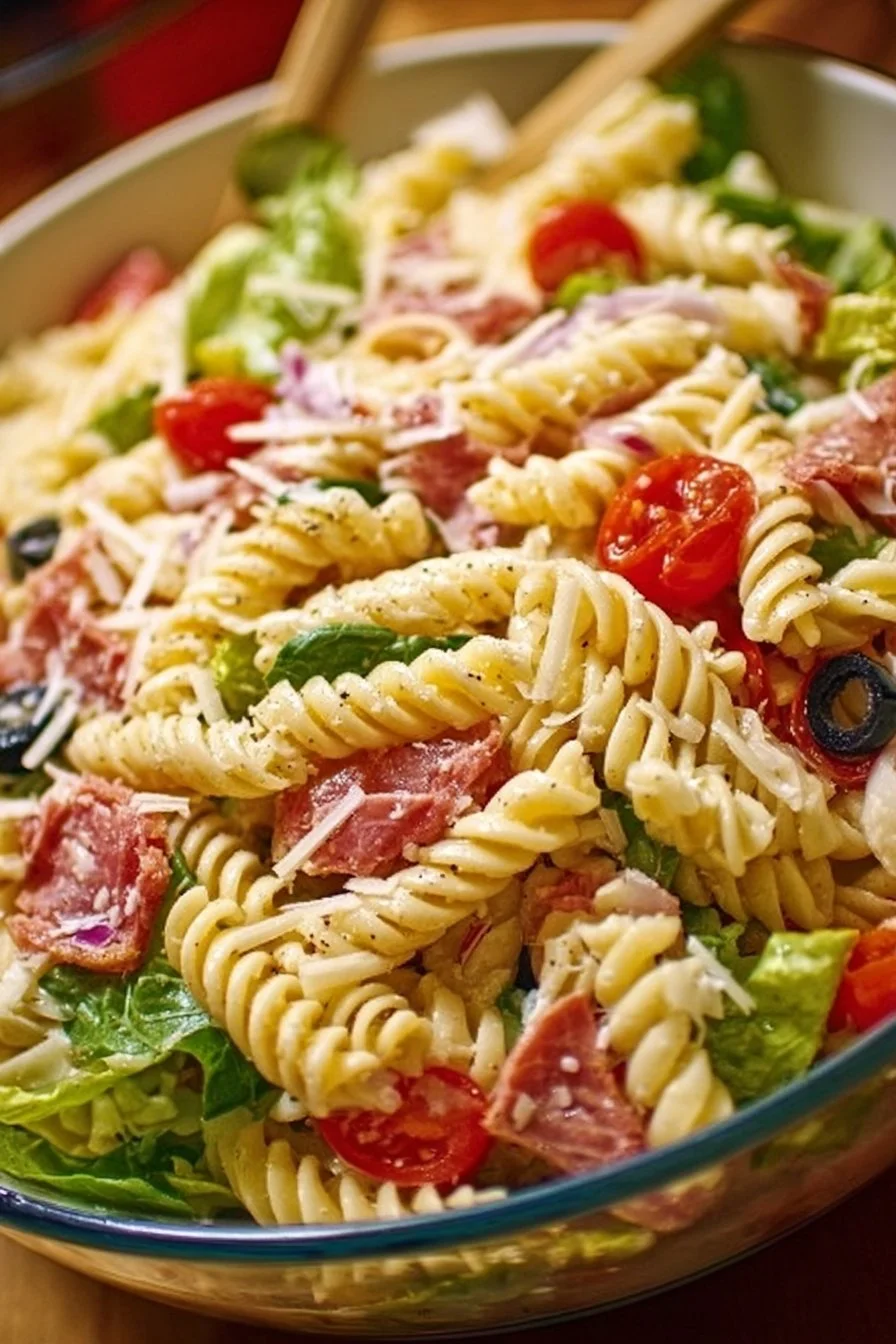 Delicious Italian Grinder Pasta Salad featuring fresh vegetables and pasta.