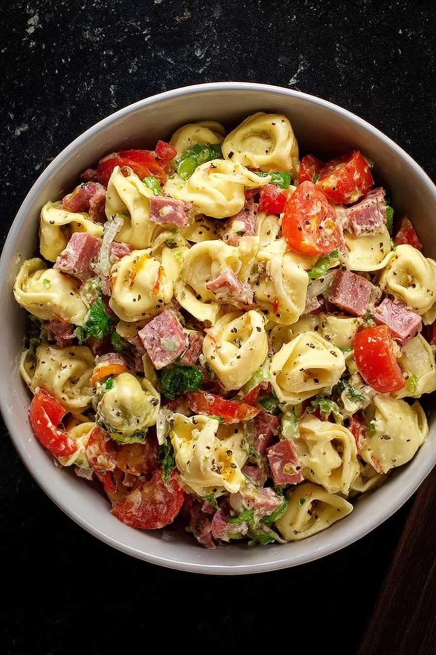 Bowl of Italian Grinder Tortellini Salad with fresh ingredients and vibrant colors