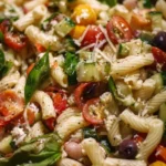 Colorful Italian pasta salad with vegetables and dressing in a bowl