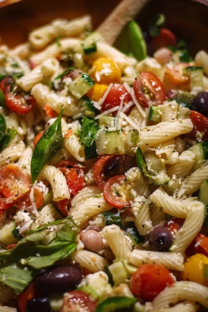 Colorful Italian pasta salad with vegetables and dressing in a bowl