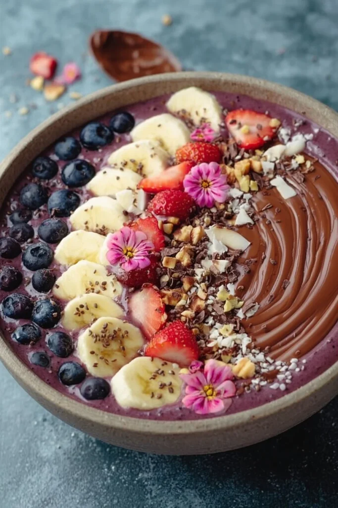 Joy and Well-being Smoothie Bowl topped with fresh fruits and seeds