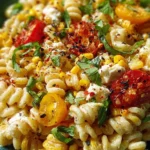 Juicy street corn pasta salad served in a bowl with fresh ingredients