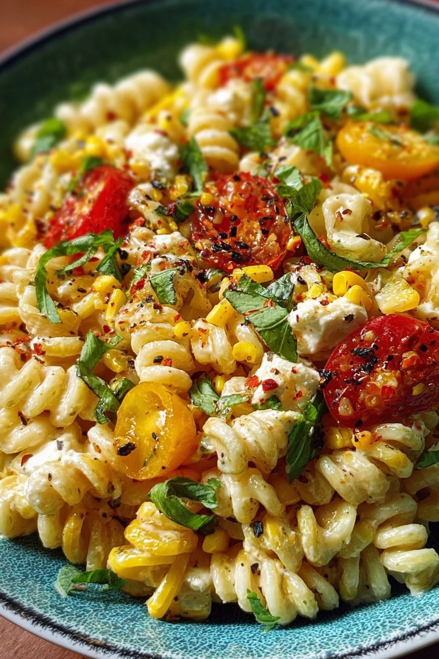 Juicy street corn pasta salad served in a bowl with fresh ingredients