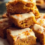 Keto Carrot Cake Bars with cream cheese frosting and walnuts on a wooden table