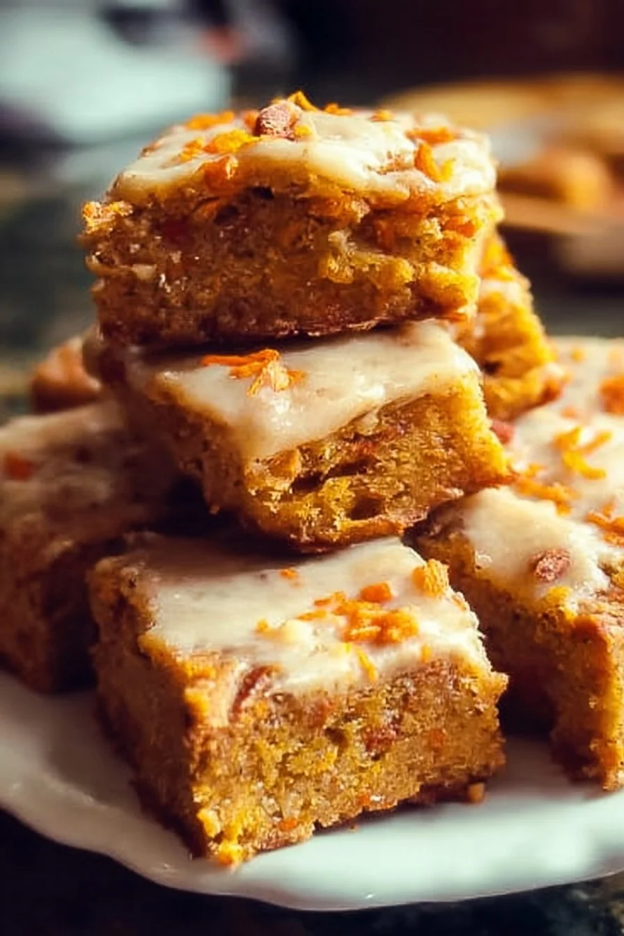 Keto Carrot Cake Bars with cream cheese frosting and walnuts on a wooden table