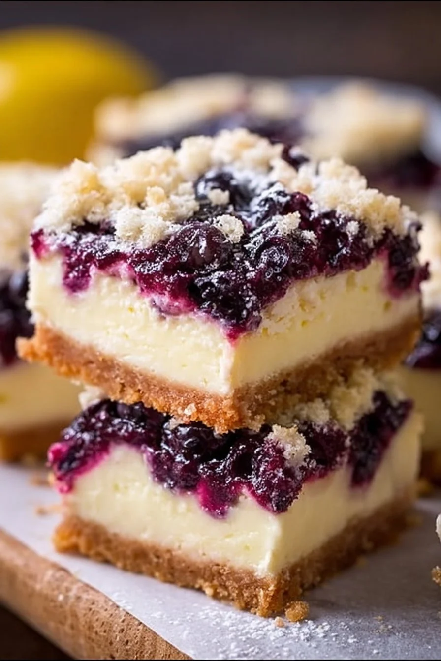 Keto Lemon Blueberry Cheesecake Bars topped with fresh blueberries and lemon zest