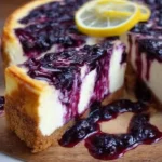 Slice of Lemon Blueberry Cheesecake with fresh blueberries and lemon zest