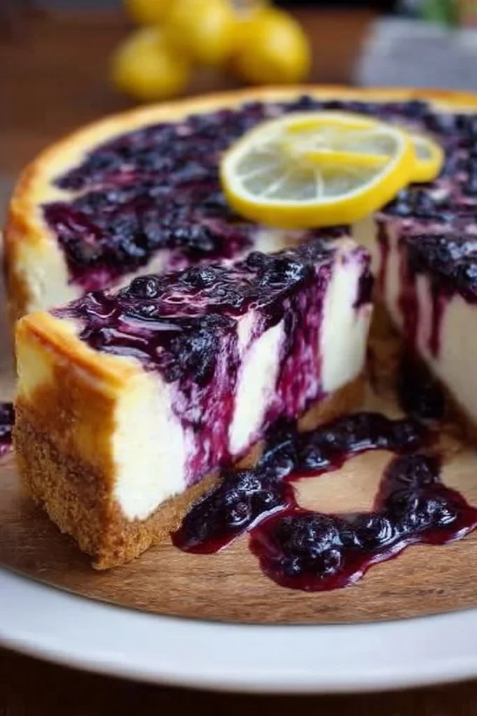 Slice of Lemon Blueberry Cheesecake with fresh blueberries and lemon zest