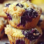Freshly baked lemon blueberry muffins with a golden crust and blue berries