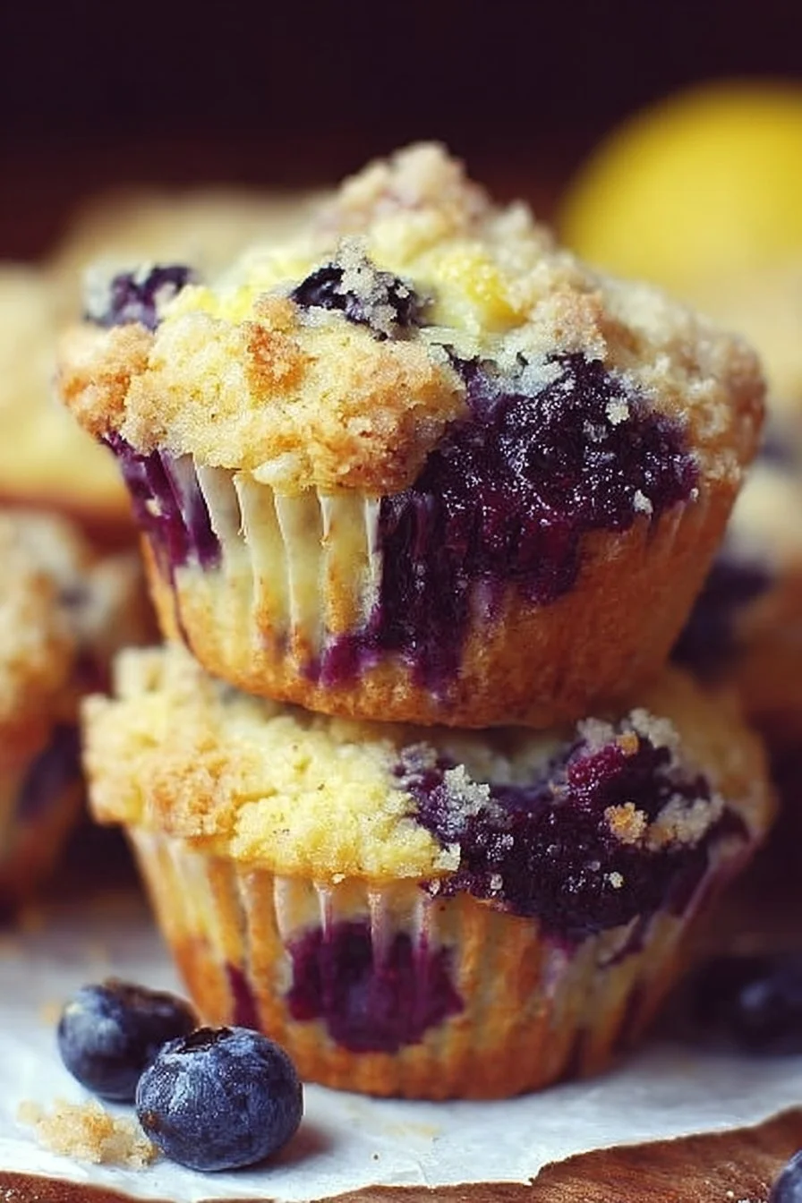Freshly baked lemon blueberry muffins with a golden crust and blue berries
