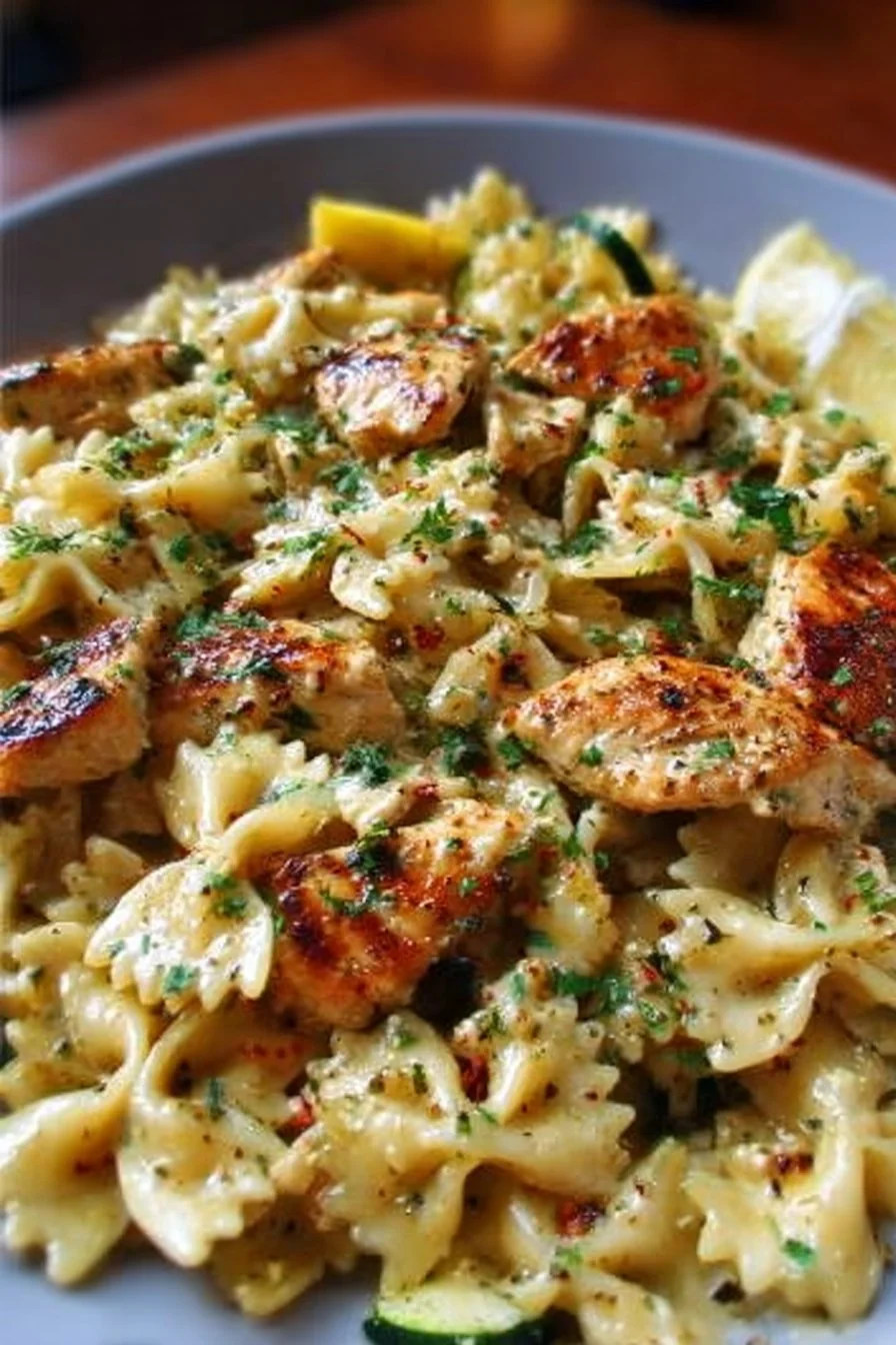 Delicious Lemon Chicken Pasta served with fresh herbs and lemon zest.