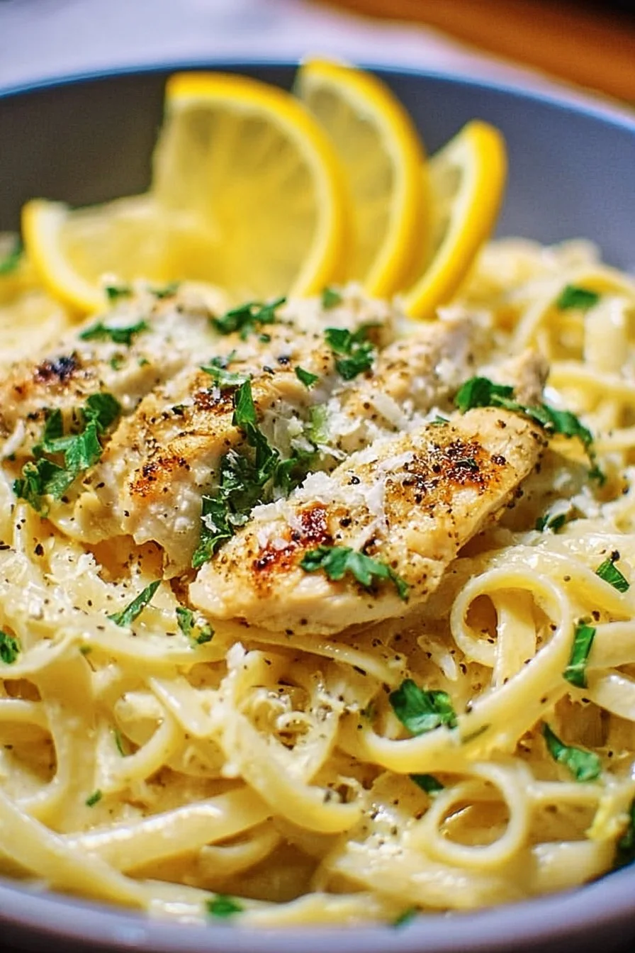 Lemon Chicken Pasta dish with vibrant lemon sauce and grilled chicken.