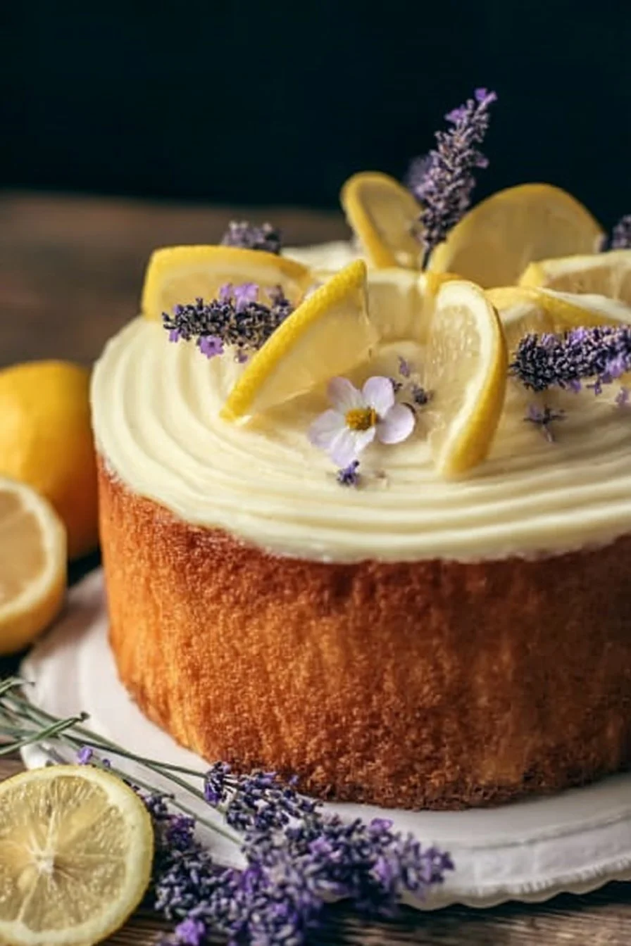 A beautifully decorated Lemon Lavender Cake with vibrant yellow frosting and lavender sprigs.