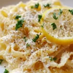 Delicious Lemon Ricotta Pasta served in a white bowl with lemon slices
