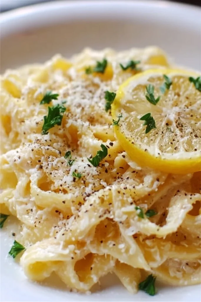 Delicious Lemon Ricotta Pasta served in a white bowl with lemon slices