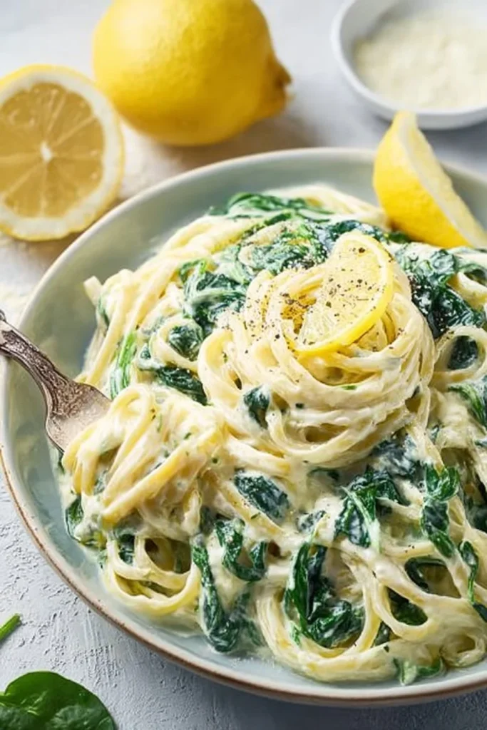 Lemon ricotta pasta with fresh spinach served in a bowl
