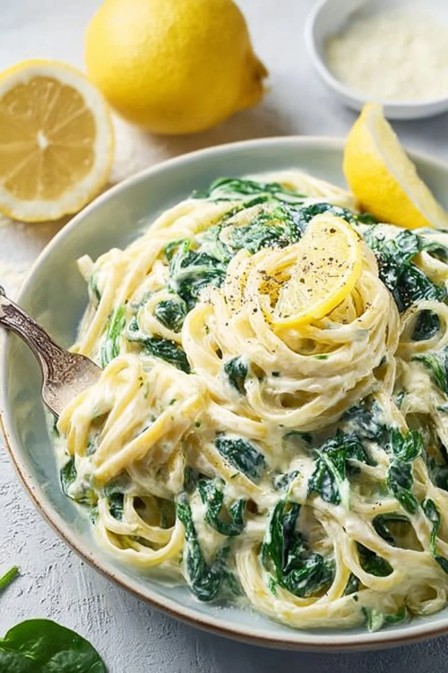 Lemon ricotta pasta with fresh spinach served in a bowl