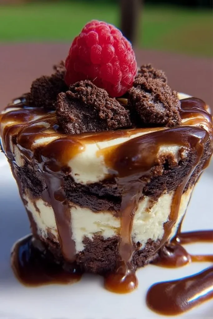 Delicious Loaded Brownie Cheesecake Cup with chocolate and cheesecake layers