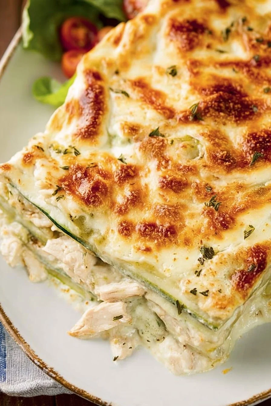 Low Carb Chicken Alfredo Zucchini Lasagna with creamy sauce and vegetables