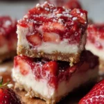 Delicious strawberry cheesecake bars ready to serve, a perfect dessert treat.