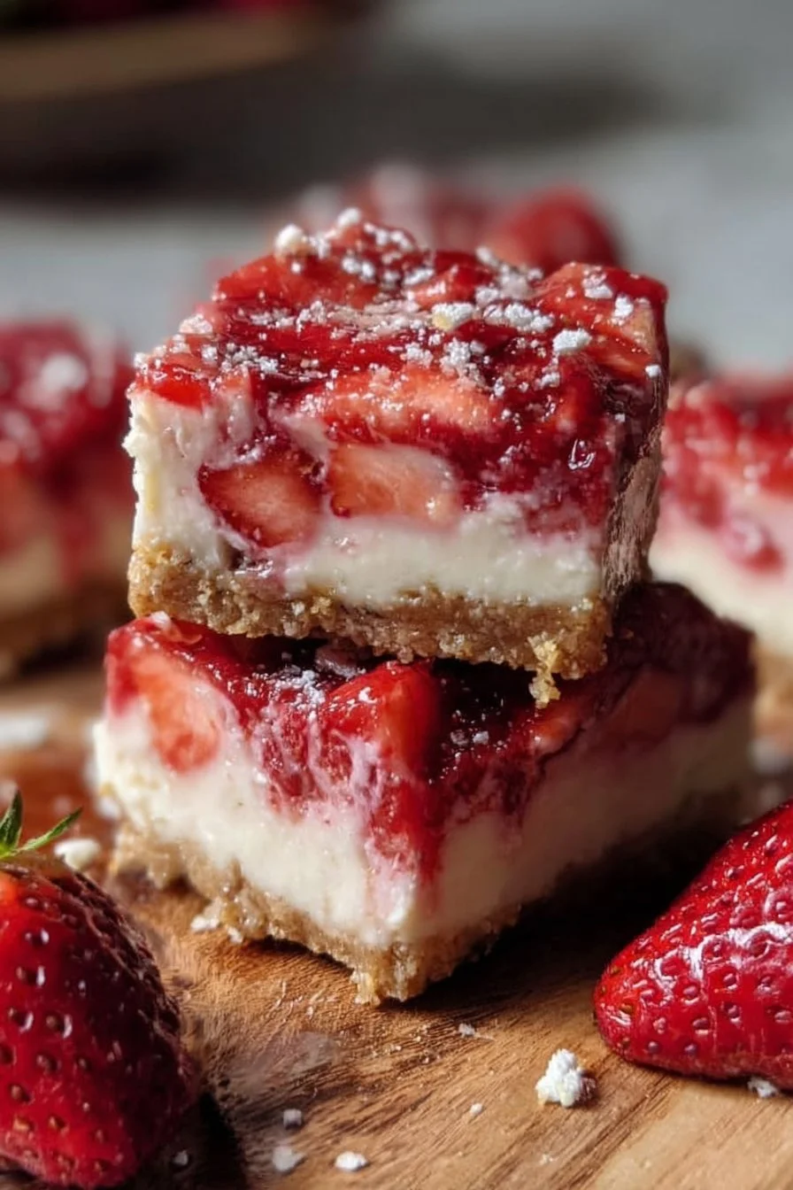 Delicious strawberry cheesecake bars ready to serve, a perfect dessert treat.