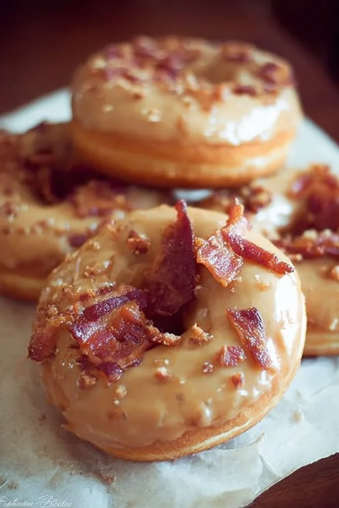 Delicious Maple Bacon Doughnuts topped with crispy bacon and maple glaze
