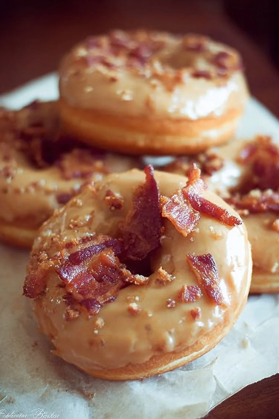 Delicious Maple Bacon Doughnuts topped with crispy bacon and maple glaze