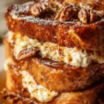 Slice of Maple Pecan Cream Cheese Stuffed French Toast topped with syrup and pecans
