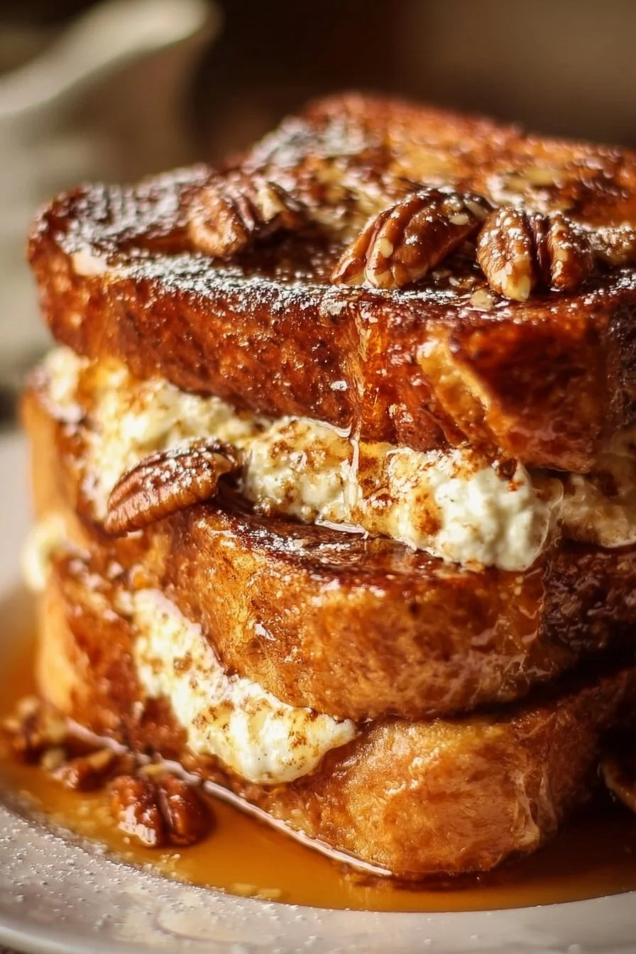 Slice of Maple Pecan Cream Cheese Stuffed French Toast topped with syrup and pecans