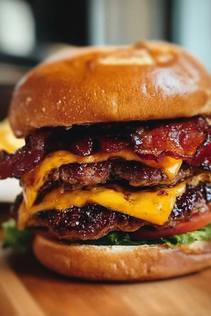 Delicious Maple-Whiskey BBQ Bacon Cheeseburger with crispy bacon and melted cheese