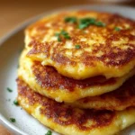 Golden brown mashed potato pancakes served on a plate with toppings.