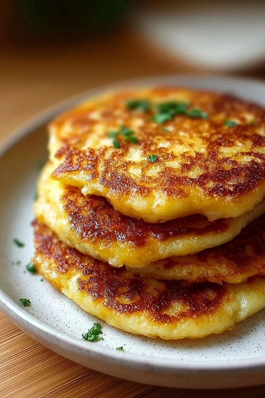Golden brown mashed potato pancakes served on a plate with toppings.